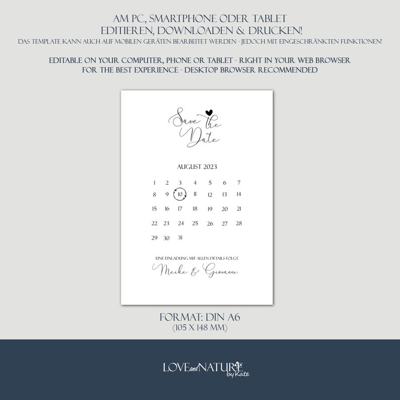 May include: A black and white save the date card with a calendar for August 2023. The date August 10th is highlighted. The text "Save the Date" is written in cursive with a heart above the word "Date". The text "Macke & Guman" is written in cursive below the calendar. The card is formatted in DIN A6 (105 x 148 mm).