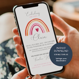 Personalisierbare Taufeinladung Mädchen, Regenbogen, Digitale Einladung, Taufe, Mädchen, editierbares Template, Download, Einladungsvorlage