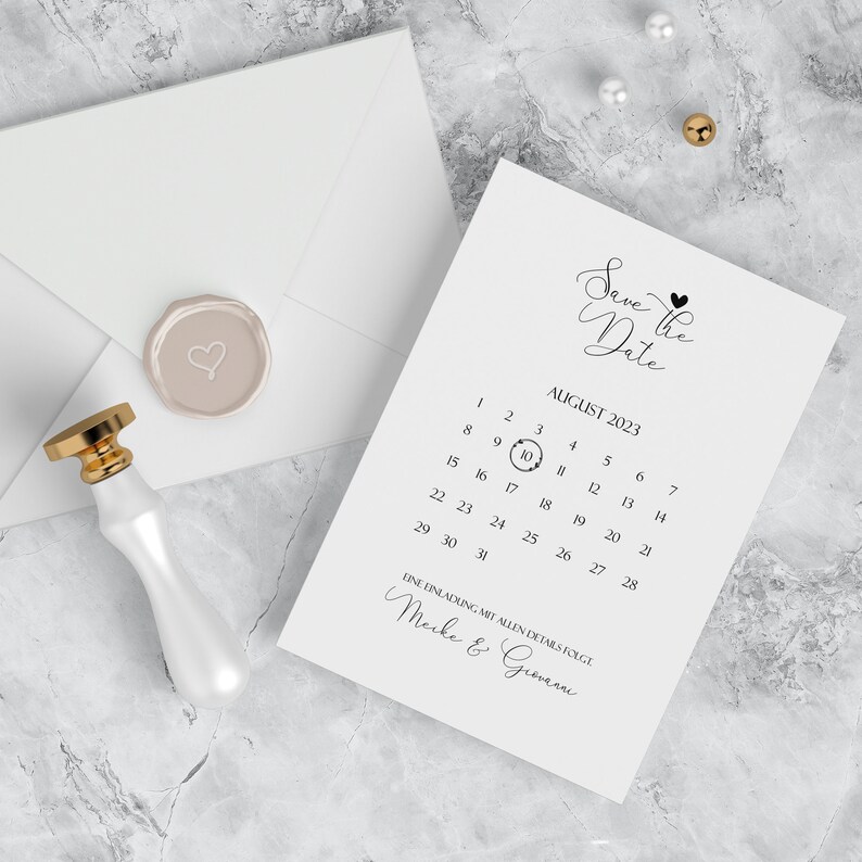 May include: Save the Date card with a calendar featuring August 10th circled. The card is white with black text and a small heart graphic. The text at the bottom reads "One Inladking, Art Allen Detars Fouge, Merke & Grevoni."