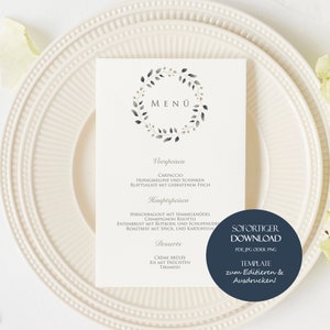 Menu de mariage vert A6, Menu à imprimer, Menu DIY eucalyptus, Modèle de menu, Modèle de menu de mariage, Menu vert