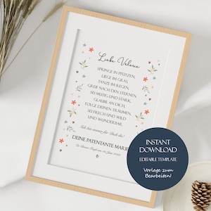 Plantilla de carta de padrino de regalo de bautizo personalizada para niñas, certificado de bautizo imprimible para descargar, regalo de padrino de bautizo para niña, flores