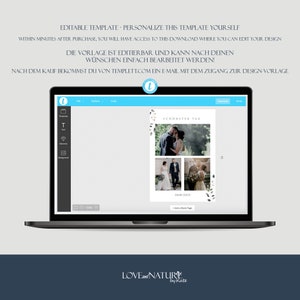 May include: A laptop screen displaying a wedding invitation template with a collage of three photos of a couple. The template is titled "Sch&ouml;nster Tag" which translates to "Most Beautiful Day" in English. The text "Dank Euch" which translates to "Thank You" in English is also visible on the template. The template is from Love and Nature by Kate.
