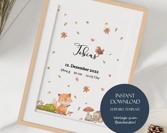 Woodland Animals Birth Announcement Board, Printable Birth Poster, Birth Notice, Birth Details, Milestone Board, Personalized Birth Gift