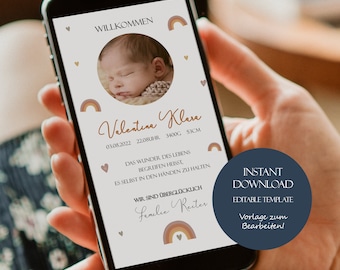 Neutral Baby Announcement Digital, Editable Baby Announcement Whatsapp, Birth Announcement Rainbow, Neutral Birth Announcement Template