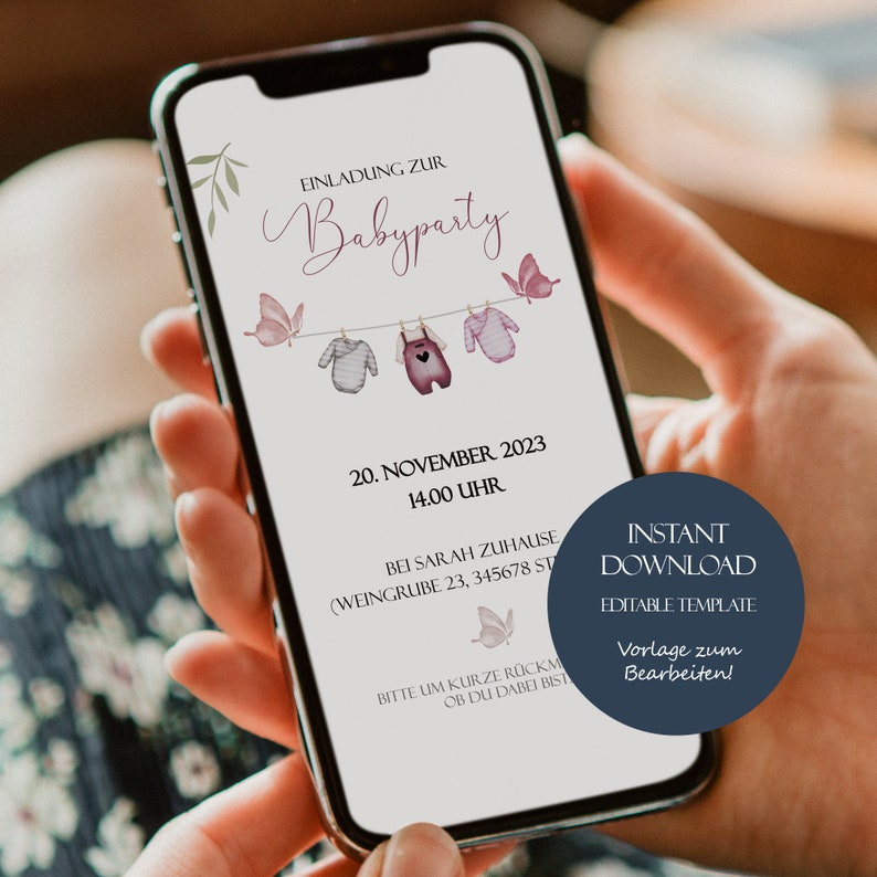 May include: A digital invitation for a baby party with a pink and gray color scheme. The invitation features a line of clothes hanging on a clothesline with butterflies. The text reads "Einladung zur Babyparty" and includes the date, time, and location of the party.