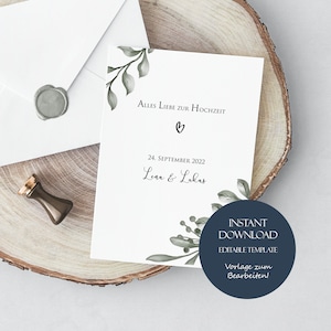 Carte de mariage personnalisée, carte de félicitations de mariage, eucalyptus, A6, carte pour les mariés, carte cadeau à imprimer, modèle