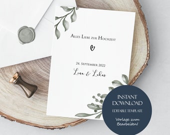 Tarjeta de boda personalizada, tarjeta de felicitación de boda, eucalipto, A6, tarjeta para los novios, tarjeta de regalo imprimible, plantilla