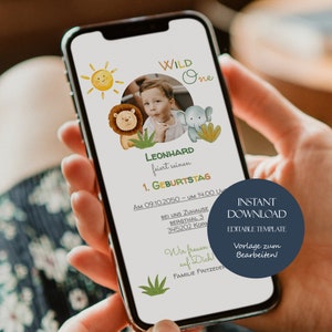 Whatsapp invitation card for children's birthday party Digital invitation card boy template E-card birthday Wild One invitation photo 1st birthday