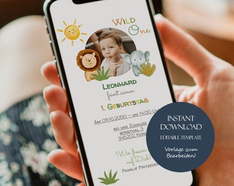 Whatsapp invitation card for children&#39;s birthday party Digital invitation card boy template E-card birthday Wild One invitation photo 1st birthday