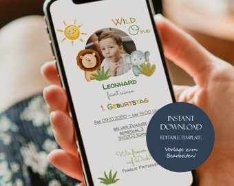 Wild One birthday invitation digital template for mobile phone children's birthday evite template customizable invitation birthday safari