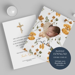 Convite de batismo com foto flores cruz A6, convite floral para batismo para imprimir, cartão convite personalizado batismo modelo editável