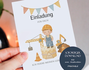 Invitation cards children&#39;s birthday construction site printable birthday invitation young construction worker A6 invitation to children&#39;s birthday excavator