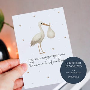 Carte de naissance imprimable, carte de naissance numérique unisexe, félicitations pour bébé, carte cadeau cigogne, félicitations pour nouveau-né, téléchargement de naissance