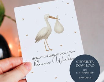 Printable unisex birth announcement card, digital baby congratulations card, stork gift card, newborn baby congratulations, birth download