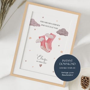 Póster de duelo de niña estrella, recuerdo de niña estrella, cuadro de pared A4 de niña estrella, póster personalizable, recuerdo de bebé, descarga
