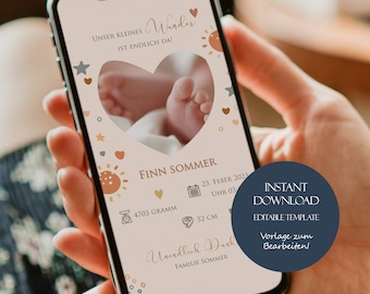 Digital Baby Announcement, Editable Baby Announcement Template, Digital Birth Announcement, Birth Announcement Template, Download