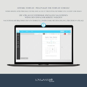 May include: A laptop screen displaying a digital template for a save the date card. The template features a calendar with the month of September 2023 highlighted. The text "Save the Date" and "For the wedding of Kristin & Liam" is displayed above the calendar.