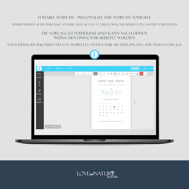 May include: A laptop screen displaying a digital template for a save the date card. The template features a calendar with the month of September 2023 highlighted. The text "Save the Date" and "For the wedding of Kristin & Liam" is displayed above the calendar.