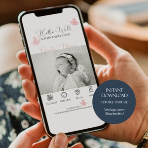 Anuncio de nacimiento digital para niña, anuncio de nacimiento, anuncio de bebé niña, anuncio de nacimiento para WhatsApp, plantilla editable, descarga