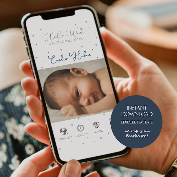 Digitale Geburtsanzeige Junge, Geburt Verkünden, Baby-Ankündigung Baby Boy, Birth Announcement Whatsapp, Editable Template, Download