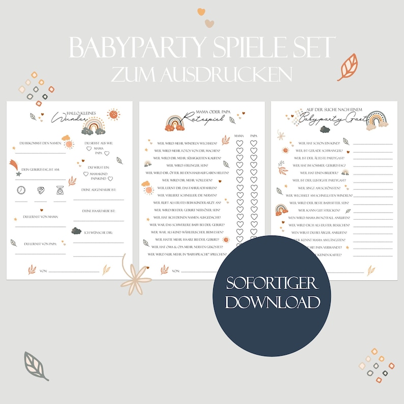 May include: Printable baby shower game set with three cards. The first card is titled "Hallo Kleines Wunder" and has a rainbow, sun, and clouds. The second card is titled "Mama oder Papa Ratespiel" and has a rainbow, sun, and clouds. The third card is titled "Auf der Suche nach einem Babyparty Gast" and has a rainbow, sun, and clouds. The cards have a light brown background with a floral design.