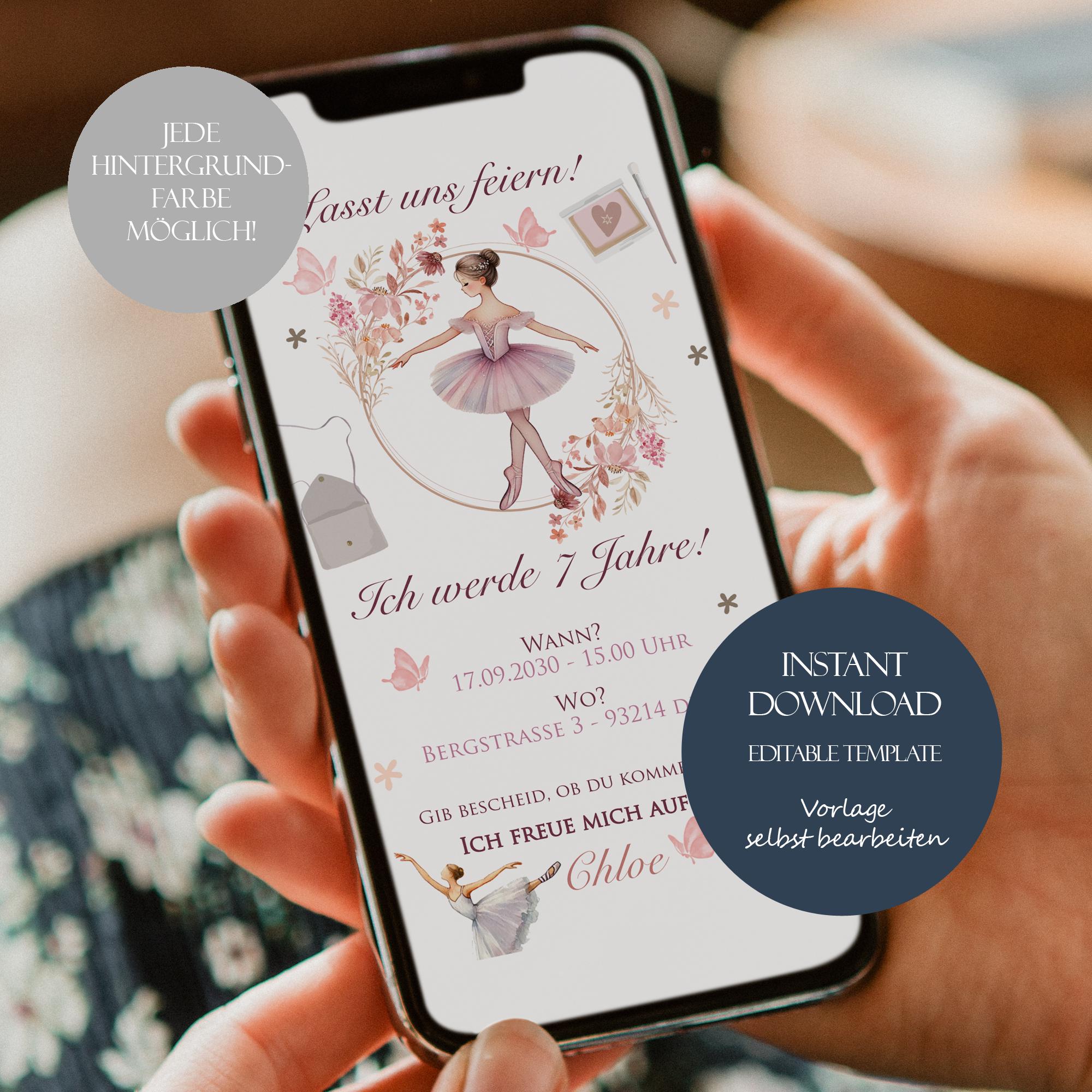 Digital Children's Birthday Invitation Ballet WhatsApp Party Invitation Personalizable Mobile Children's Birthday Invitation Girl Ballerina