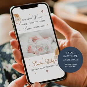 Anuncio de bebé digital para niña, anuncio de bebé editable para WhatsApp, anuncio de nacimiento digital para niña, anuncio de nacimiento para niña, hola mundo