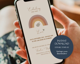 Taufeinladung digital Regenbogen, Taufeinladung Regenbogen, Einladung Taufe Mädchen Junge, Digitale Einladung Taufe für Smartphones