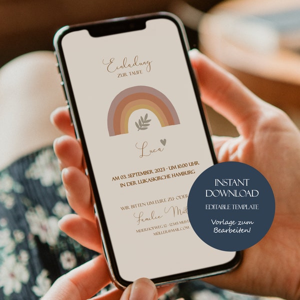 Taufeinladung digital Regenbogen, Taufeinladung Regenbogen, Einladung Taufe Mädchen Junge, Digitale Einladung Taufe für Smartphones