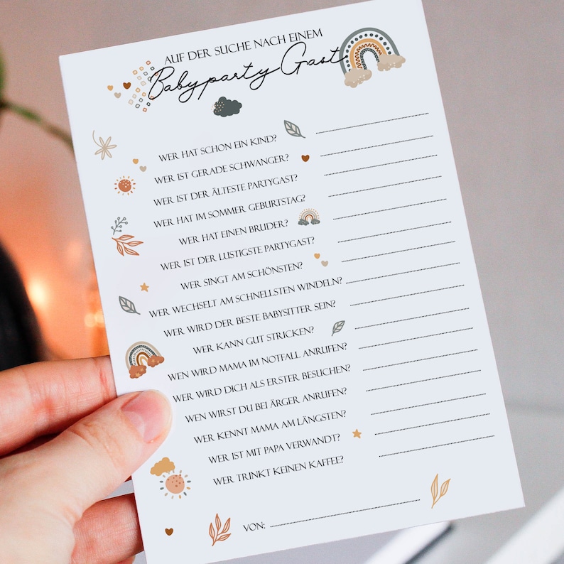 May include: A printable baby shower game in a light blue color with brown and orange accents. The game is called "Baby Party Guest" and asks a series of questions about the guests, such as who has a child, who is pregnant, who is the oldest, and who has a brother. The game is designed to be played at a baby shower.
