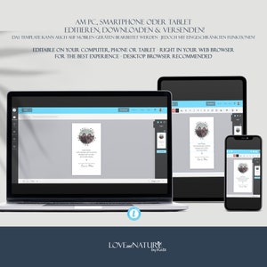 May include: A laptop, tablet, and smartphone displaying a digital template for a wedding invitation. The template features a floral wreath with a photo of a couple and the text "Liebe Mama, Du bist der beste Mensch, den ich kenne. Danke f&uuml;r alles, was du f&uuml;r mich tust. Auch f&uuml;r deine Geduld. Love & Peace".