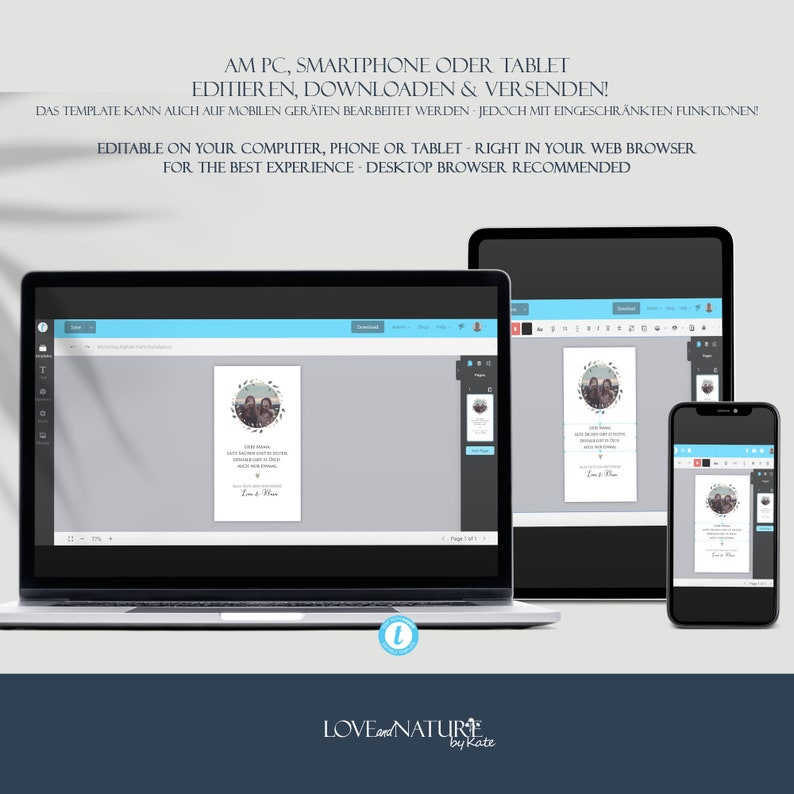May include: A laptop, tablet, and smartphone displaying a digital template for a wedding invitation. The template features a floral wreath with a photo of a couple and the text "Liebe Mama, Du bist der beste Mensch, den ich kenne. Danke f&uuml;r alles, was du f&uuml;r mich tust. Auch f&uuml;r deine Geduld. Love & Peace".