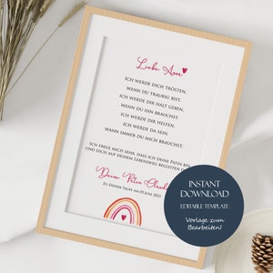 Carta de patrocinio personalizada arcoíris rosa, ahijado/a, regalo de bautizo, certificado de patrocinio A4 imprimible, bautizo de niña, plantilla de carta de bautizo, descargar