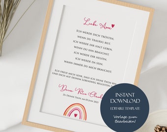 Personalized godparent letter, rainbow pink, godchild, christening gift, godparent certificate A4 printable, christening girl, christening letter template, download