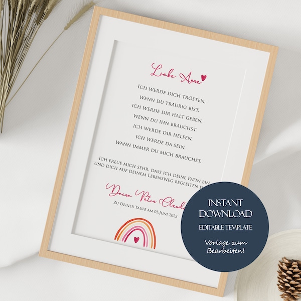 Personalized godparent letter rainbow pink, godchild, baptism gift, godparent certificate A4 printable, baptism girl, baptism letter template, download