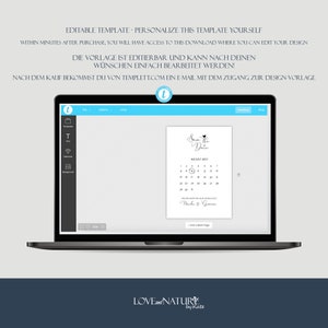 May include: A laptop screen displaying a save the date template with a calendar for August 2023. The template is customizable and features a simple design with the text "Save the Date" and a heart. The text "Mark & Gwen" is at the bottom of the calendar.