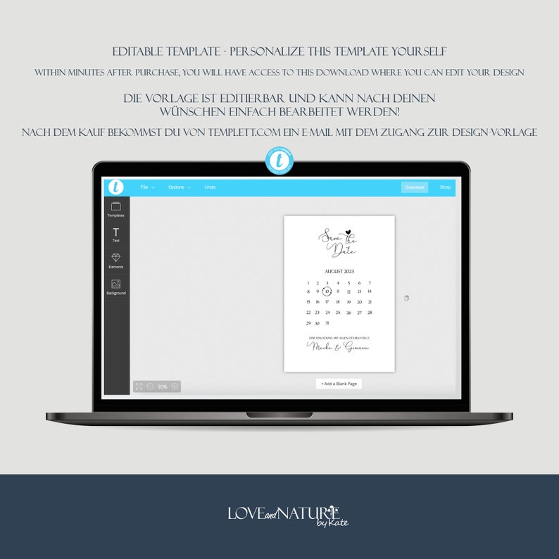 May include: A laptop screen displaying a save the date template with a calendar for August 2023. The template is customizable and features a simple design with the text "Save the Date" and a heart. The text "Mark & Gwen" is at the bottom of the calendar.