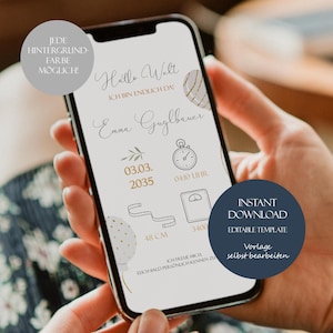 Annonce de naissance numérique avec ballons pour téléphone portable - Annonce bébé personnalisée à télécharger - Modèle moderne pour garçons & filles