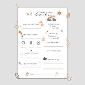 May include: A printable baby shower or new baby welcome card with a rainbow, sun, and stars. The card has fill-in-the-blanks for the baby's name, birthday, eye color, hair color, and a message to the baby.