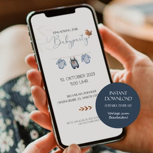 Babyshoweruitnodiging voor mobiel, sjabloon voor babyshower voor jongen, tekstbericht voor babyfeestuitnodiging, digitale babyshoweruitnodiging aanpasbaar