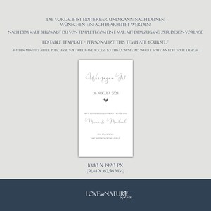 May include: A printable wedding announcement template with a gray heart and the text "Wir sagen Ja!" (We say yes!), 26. August 2023,  "Bitte reserviert euch diesen Tag f&uuml;r uns" (Please reserve this day for us),  "Maria & Michael", "Eine Einladung" (An invitation), "mit weiteren Details folgt" (with further details to follow). The template is 1080 x 1920 pixels (91.44 x 162.56 mm).