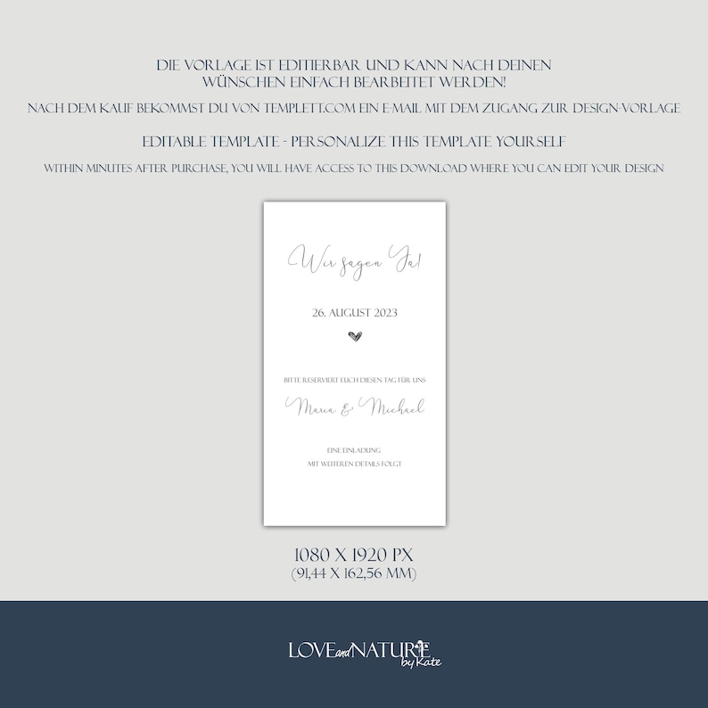 May include: A printable wedding announcement template with a gray heart and the text "Wir sagen Ja!" (We say yes!), 26. August 2023,  "Bitte reserviert euch diesen Tag f&uuml;r uns" (Please reserve this day for us),  "Maria & Michael", "Eine Einladung" (An invitation), "mit weiteren Details folgt" (with further details to follow). The template is 1080 x 1920 pixels (91.44 x 162.56 mm).