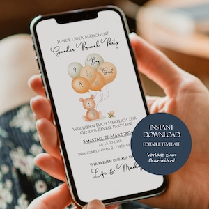 Tarjeta electrónica para fiesta de revelación de género, revelación de género del bebé, invitación para fiesta de revelación de género móvil, plantilla de invitación para fiesta de revelación de género de niño o niña