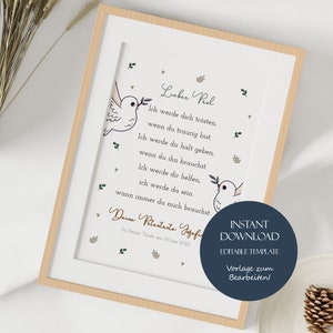 Carta de padrino/madrina para bautismo, paloma, ahijado/a, regalo de bautismo, plantilla personalizada, carta de bautismo, descarga, regalo de madrina, regalo de bautismo personalizado