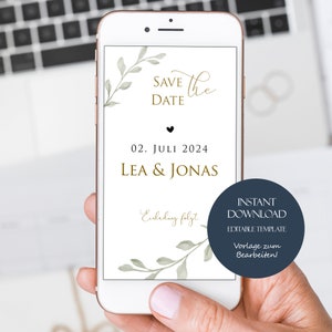Plantilla de reserva de fecha, eucalipto, reserva de fecha para smartphone, boda, plantilla editable, tarjeta de reserva de fecha personalizable