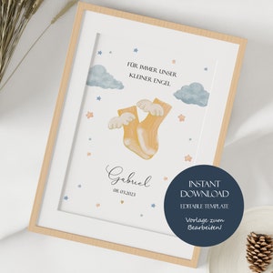 Rouwposter ster kind jongen, herinnering ster kind, A4 wandfoto ster kinderen, poster aanpasbaar, baby aandenken, downloaden