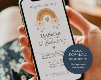 Personalized children's birthday invitation, digital invitation card, photo e-card, invitation for girls, WhatsApp template, rainbow birthday