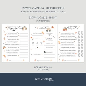 May include: Printable baby shower game cards with rainbow and leaf illustrations. The cards include questions like "Who will have the most children?" and "Who will be the first to get married?" The cards are designed for a baby shower party.
