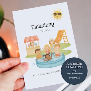 Uitnodiging voor een kinderfeestje in het zwembad, afdruksjabloon, uitnodiging voor een kinderfeestje in de zomer (PDF) uitnodiging voor een kinderfeestje in het zwembad (A6)