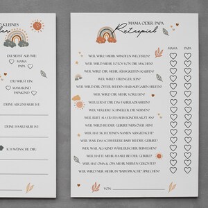 May include: A printable baby shower game with a rainbow design. The game asks guests to guess who will do certain things, such as change more diapers, take more photos, or be more strict. The game includes a list of questions and a grid for guests to mark their answers.